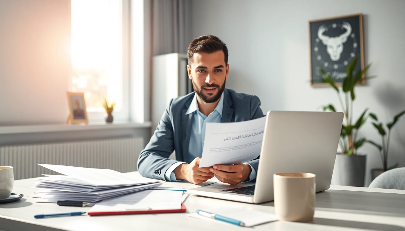 Traducteur arabe certifié travaillant dans un bureau professionnel, mettant en valeur les compétences de traducteur assermenté arabe.