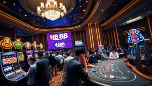 Players enjoying high-stakes excitement at HB 88 casino, complete with vibrant slot machines and elegant tables.