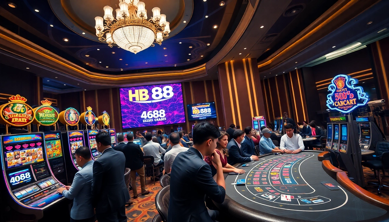 Players enjoying high-stakes excitement at HB 88 casino, complete with vibrant slot machines and elegant tables.