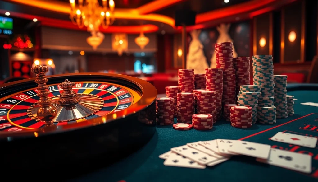 A dynamic casino scene with poker chips and a roulette wheel, showcasing https://shbet800.com excitement.
