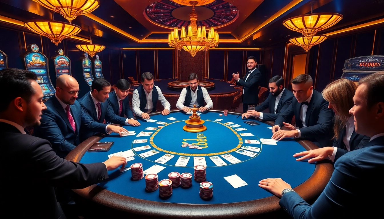 Engage in a high-stakes poker game at lc88.blue with luxurious chips and vibrant casino ambiance.