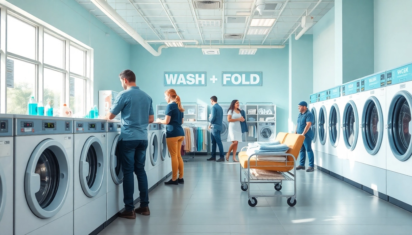 Affordable laundry service near me with modern facilities and friendly staff assisting customers.