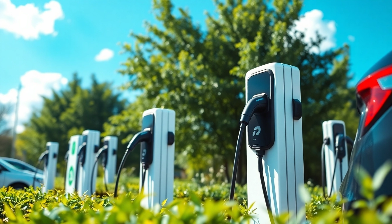 Visualize EV charging news with modern charging stations and electric vehicles in a bright outdoor setting.