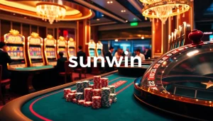 Players enjoying a thrilling game at sunwin's vibrant casino table with colorful chips and slot machines.