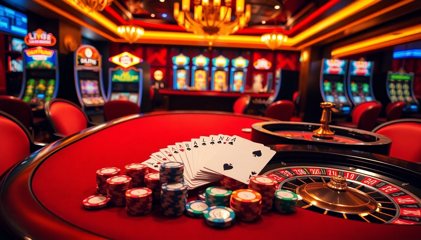 Engaging players at https://nk88.us.com/ with a vibrant casino scene showcasing poker, roulette, and luxury.