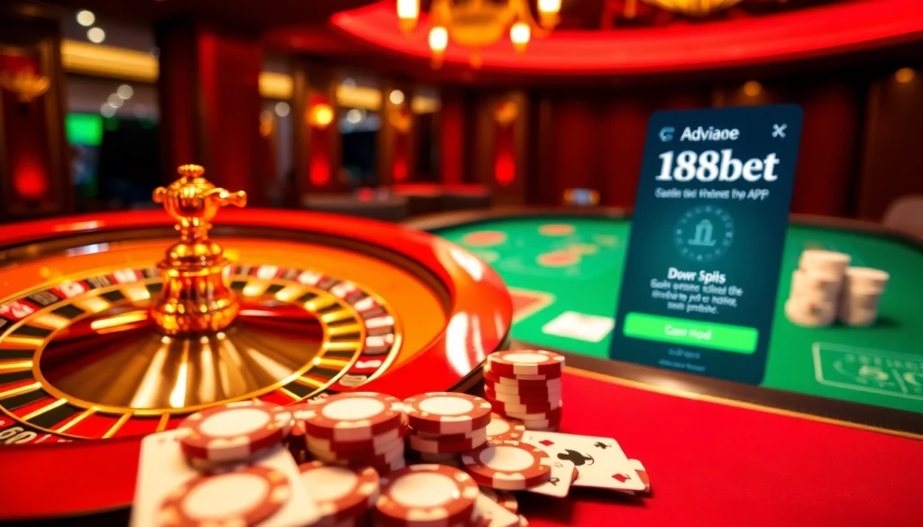 Experience the thrill of tải 188bet with vibrant casino visuals showcasing poker chips and a roulette wheel.
