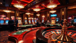 THABET's vibrant casino atmosphere featuring luxury gaming tables and lively gambling action.