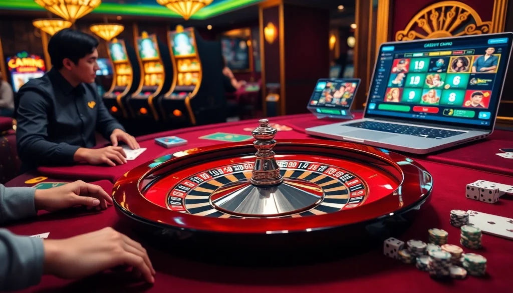 Experience thrilling gaming action at rr88 with a roulette wheel and vibrant casino tables.