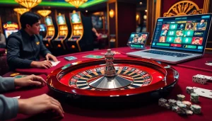 Experience thrilling gaming action at rr88 with a roulette wheel and vibrant casino tables.