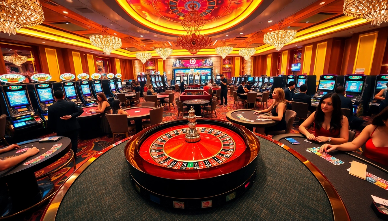 Experience the excitement of GO88 VIP with players at poker tables and a dazzling roulette wheel.