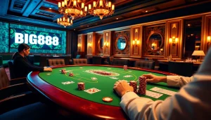Immerse in the thrilling scene of BIG88.BAR where players strategize at a luxurious poker table, enhancing their gambling experience.