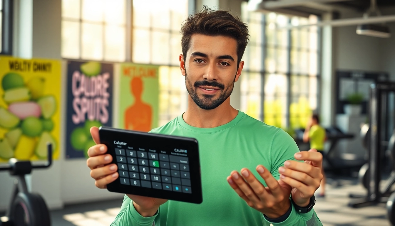 Using a calorie calculator on a digital tablet to track fitness goals in a gym environment.