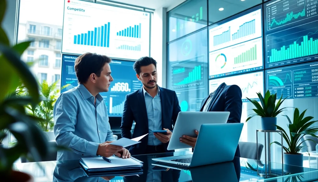 Professionals analyzing competitive intelligence data in a modern office environment.