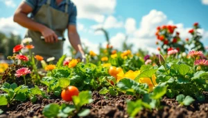 Gardening professionals tending to a colorful vegetable garden, showcasing vibrant growth.