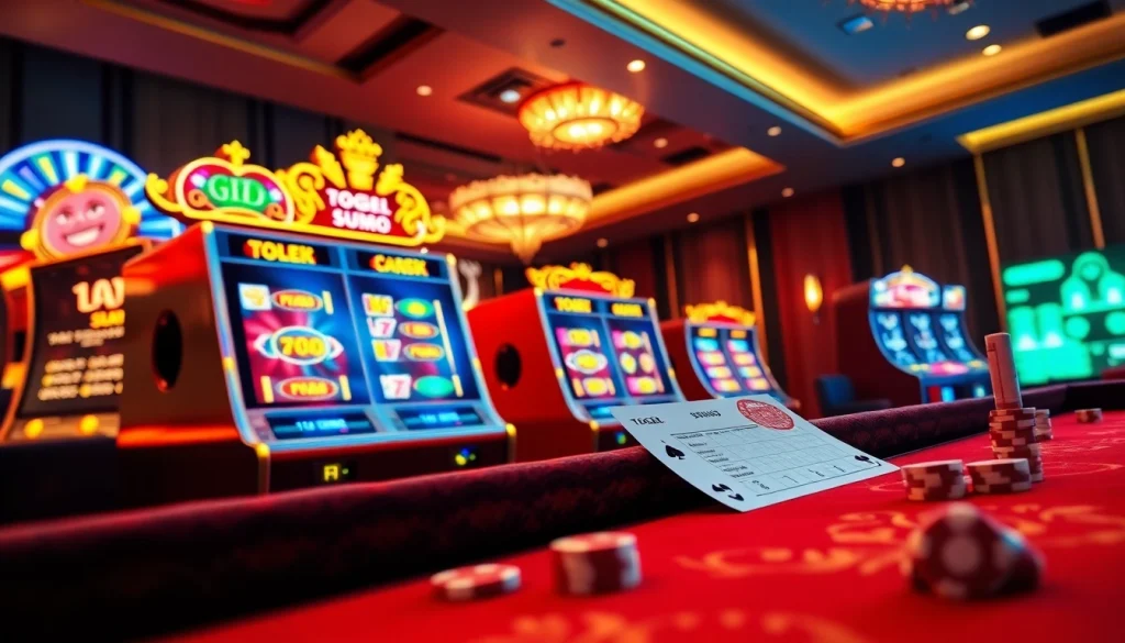 Adegan menarik yang menampilkan togel sumo online dengan mesin slot berwarna-warni dan chip poker.