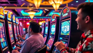 Player celebrating a win on the hoki138 slot machine in a vibrant casino environment