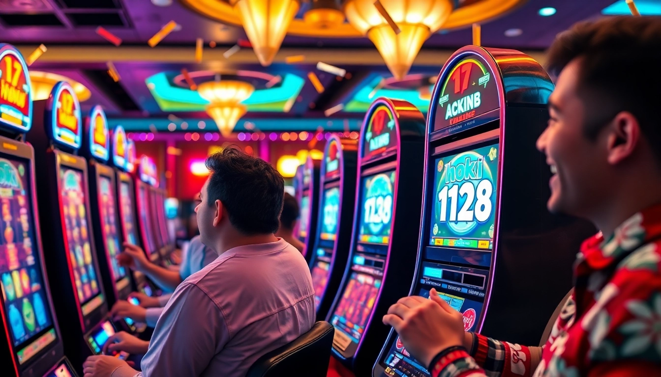 Player celebrating a win on the hoki138 slot machine in a vibrant casino environment