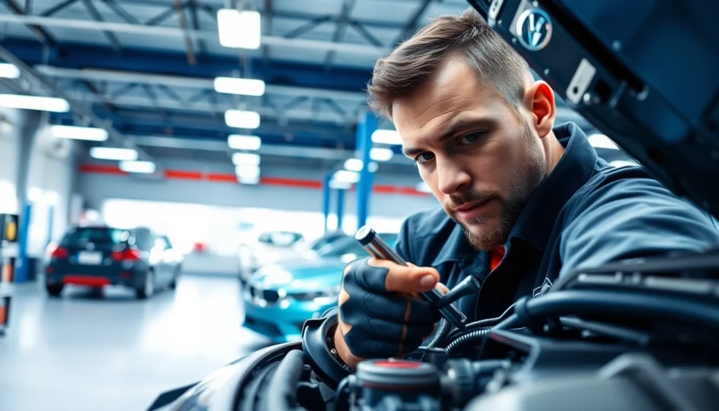 Find a reliable mechanic near me performing diagnostics on a vehicle in a well-lit auto repair shop.