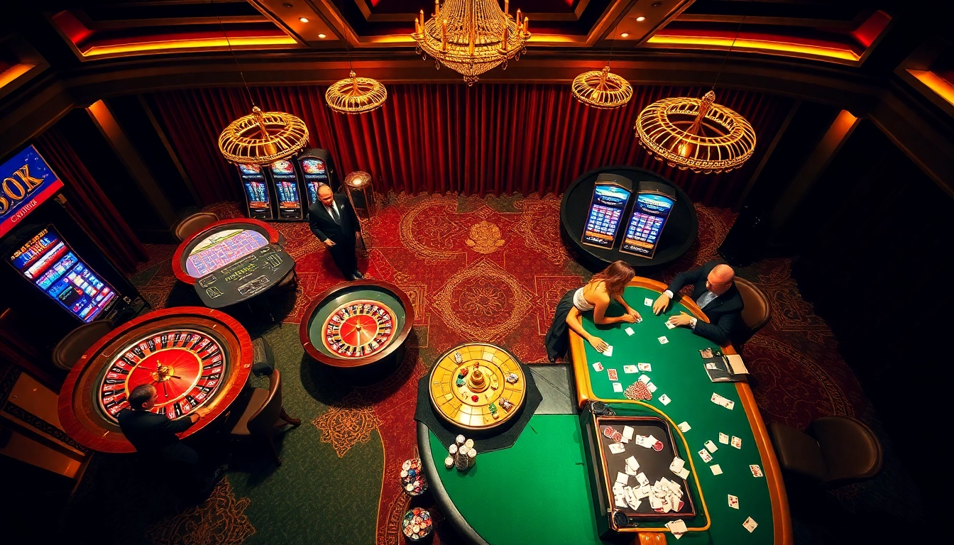 A vibrant scene from 33win casino showing players engaged at roulette and poker tables, embodying excitement and luxury.