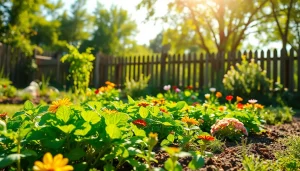 Engaging Gardening scene showcasing a vibrant vegetable patch and colorful flowers.