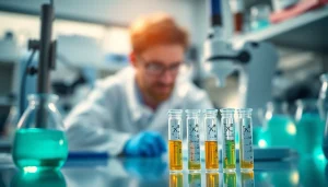 Conduct peptide testing and analysis in a modern laboratory setting with scientists and equipment.