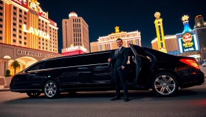 Experience the luxurious limousine service in Las Vegas with a chauffeur at a grand hotel entrance.