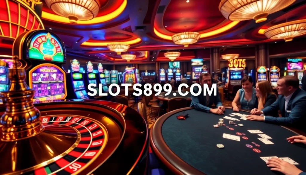 Experience thrilling gaming at SLOTS899.COM with luxurious casino elements, including vibrant slot machines and poker tables.