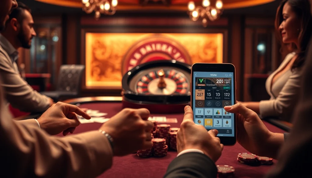 Players engaging in thrilling games at a V9 bet casino table with high-quality chips and cards.