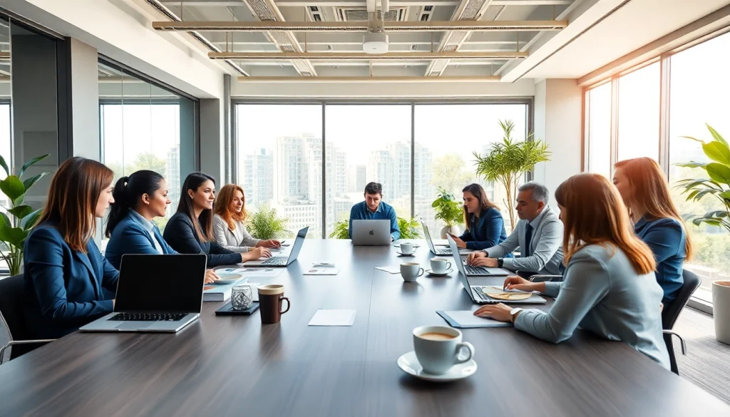 Business meeting with diverse professionals collaborating in a modern office setting.