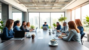 Business meeting with diverse professionals collaborating in a modern office setting.