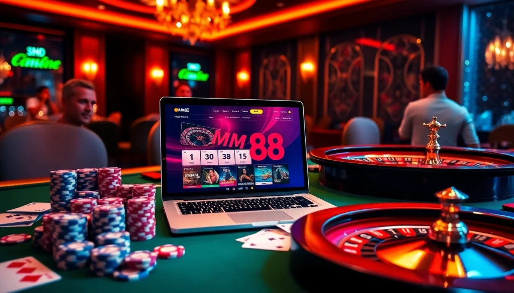 Experience the thrill of mm88 with casino chips and cards in a vibrant gambling scene.