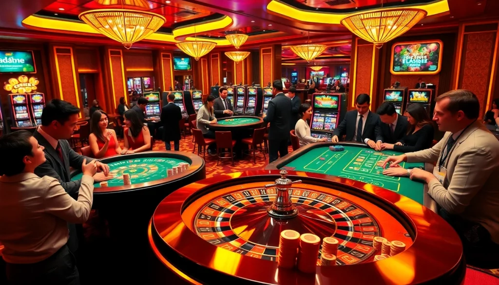 Engaging scene illustrating 바이낸스 회원가입 with gamblers strategizing at luxurious poker tables and roulette wheels.