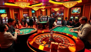 Engaging scene illustrating 바이낸스 회원가입 with gamblers strategizing at luxurious poker tables and roulette wheels.