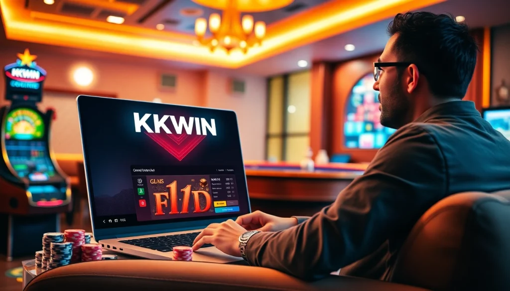 Engaging scene of a player enjoying KKWIN's online gambling interface with poker chips and slot machines.