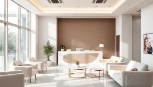 歓迎する受付エリアと専門スタッフがいる美容整形クリニックのおすすめ口コミ・評判情報を紹介する画像。