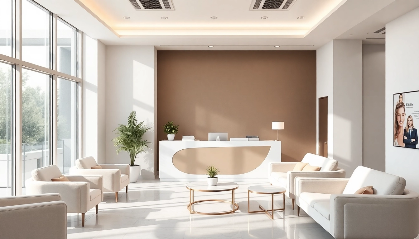 歓迎する受付エリアと専門スタッフがいる美容整形クリニックのおすすめ口コミ・評判情報を紹介する画像。