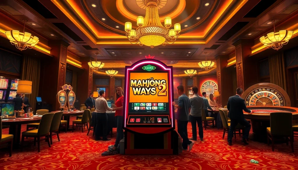 Experience the thrill of Mahjong Ways 2 at a bustling casino with vibrant slot machines and excited players.