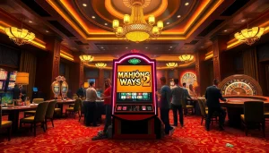 Experience the thrill of Mahjong Ways 2 at a bustling casino with vibrant slot machines and excited players.