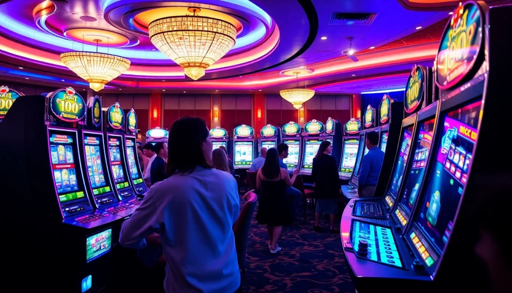 Pemain menikmati sensasi taruhan Slot Bet 100 dalam suasana kasino yang hidup.