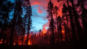 Visual representation of wildfire events emphasizing the intensity of flames amidst a forest.