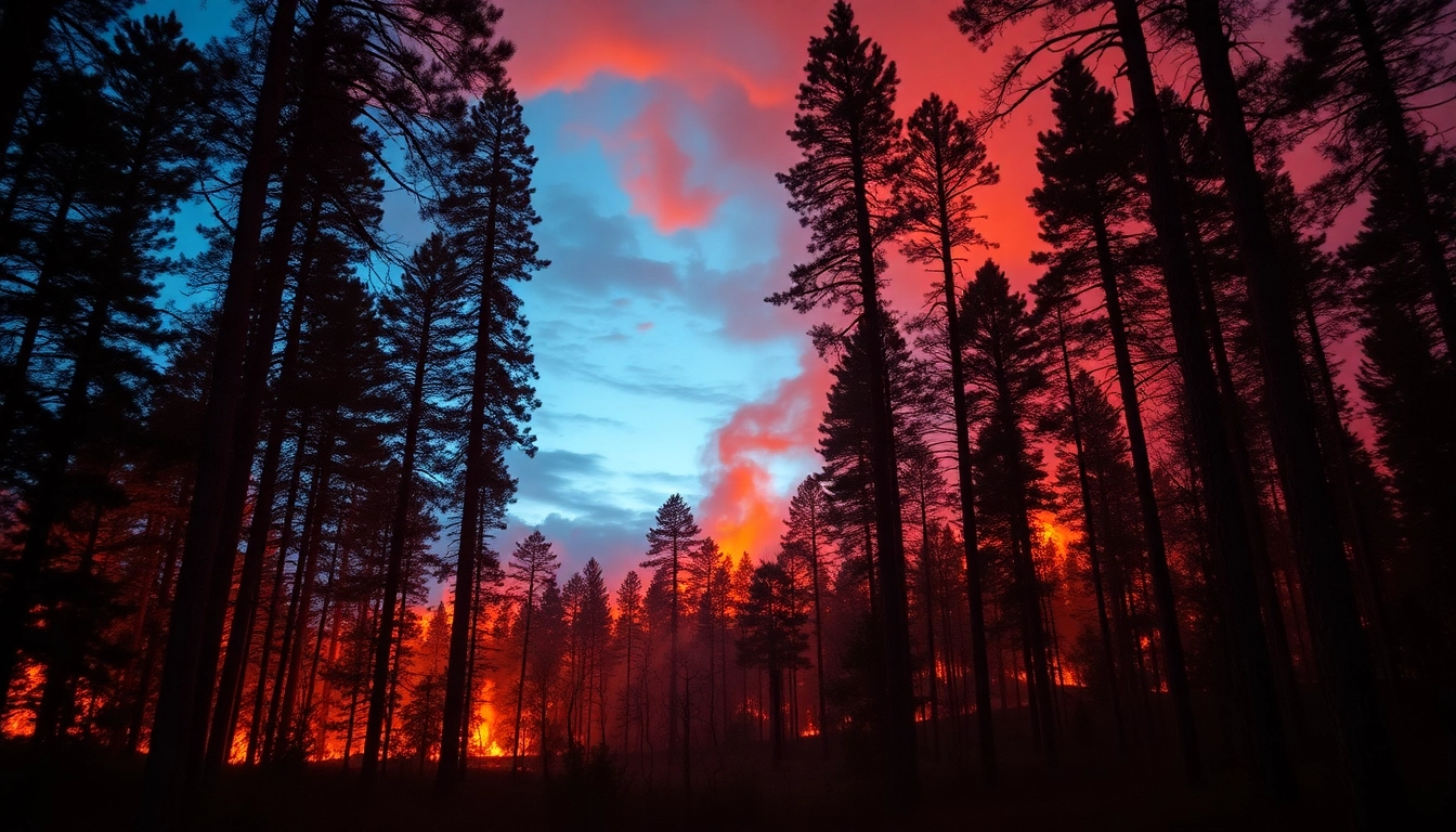 Visual representation of wildfire events emphasizing the intensity of flames amidst a forest.