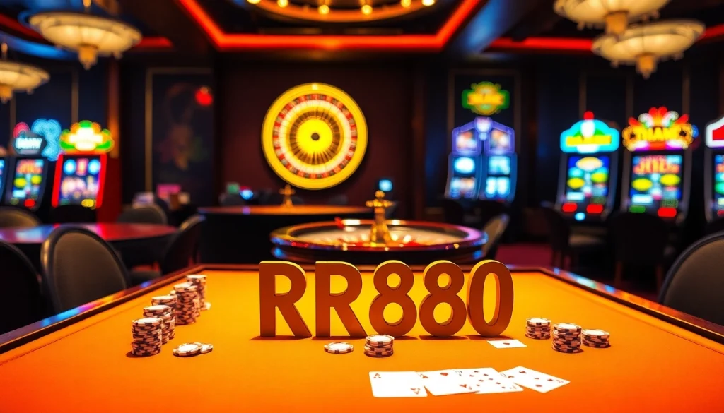Betting on RR888 at a luxurious casino table filled with poker chips and cards.