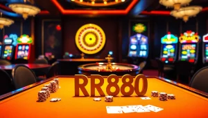 Betting on RR888 at a luxurious casino table filled with poker chips and cards.