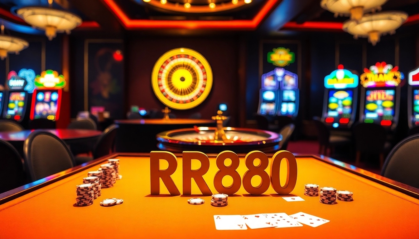 Betting on RR888 at a luxurious casino table filled with poker chips and cards.