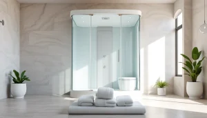 Installer une cabine de douche complete moderne avec parois en verre transparent dans une salle de bains élégante.