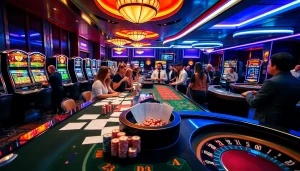 Cheerful gamblers enjoying PS99 thể thao in a vibrant casino atmosphere.