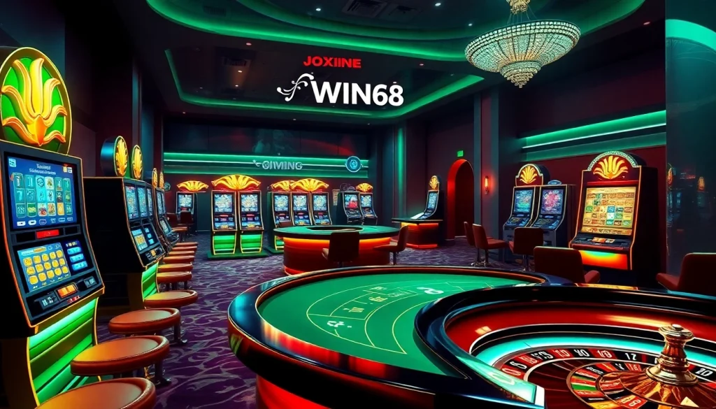IWIN68 players enjoying a vibrant and luxurious casino experience with poker tables and slot machines.