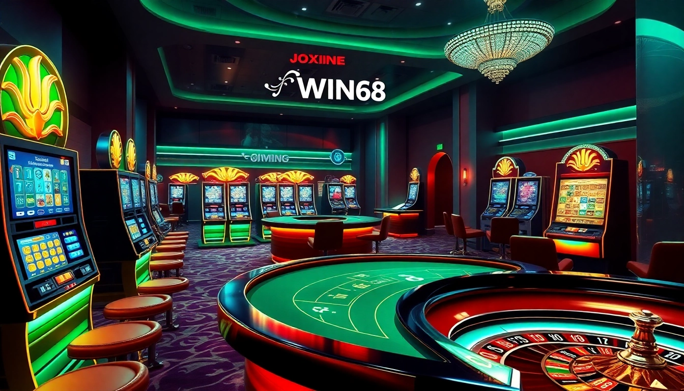 IWIN68 players enjoying a vibrant and luxurious casino experience with poker tables and slot machines.