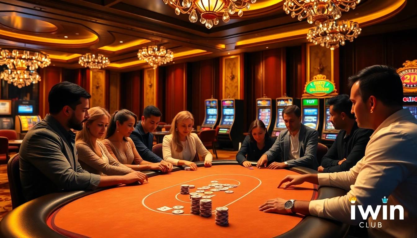 Iwin club high-stakes poker table with engaged players and vibrant casino atmosphere.