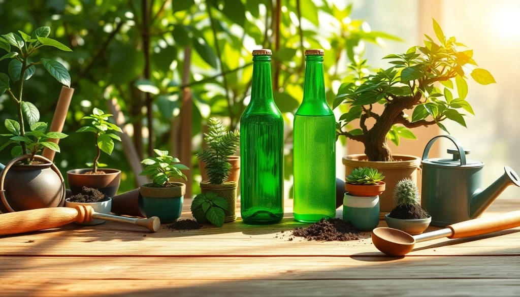 BOTOL169 green bottle among bonsai plants and gardening tools, showcasing nurturing gardening atmosphere.